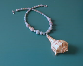 Lightning Whelk Seashell Large Round Teardrop Amazonite Gemstone Silver Toggle Necklace