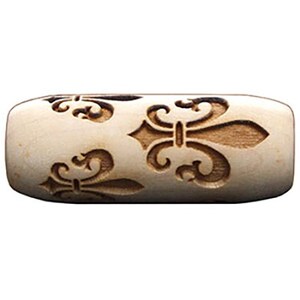 May include: A wooden rolling pin with a carved design of fleur-de-lis patterns.
