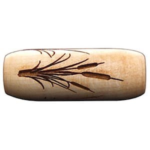 May include: A wooden bead featuring a carved design of cattails. The bead is light brown and has a natural wood finish.