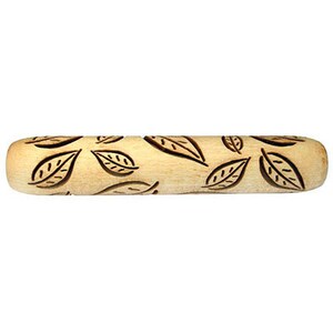 May include: A wooden rolling pin with a leaf pattern carved into the surface. The rolling pin is light brown in colour and has a smooth, rounded handle.