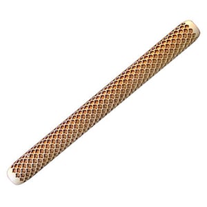 May include: A wooden rolling pin with a brown and beige honeycomb pattern.