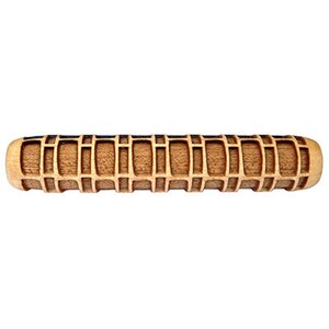 May include: A wooden rolling pin with a grid pattern carved into the surface. The rolling pin is light brown in color and has a smooth, rounded handle.