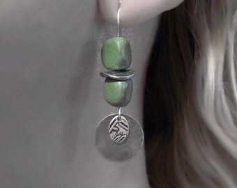 Serpentine Earrings, Vintage Silver Earrings, Green Earrings, Stone Earrings, Gemstone Earrings, Minimalist Earrings, Green Serpentine