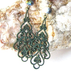 Filigree Dark Green Patina Earring, Green Earrings, Boho Chic Earrings, Dangle Earrings, Czech Glass Earrings, Long Earrings, Vintage Gold