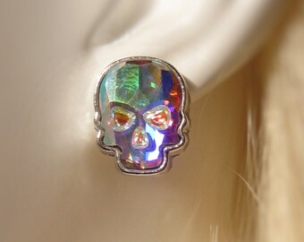 Iridescent Crystal Skull Stud Earrings: Vintage Swarovski, Goth Jewelry