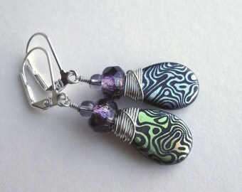 Iridescent Czech Glass Teardrop Earrings: Laser Etched Purple Wire Wrap