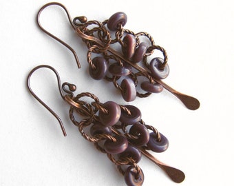 Vintage Copper Paddle Earrings: Dark Purple Cat's Eye Glass Beads