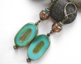 Jade Czech Glass Dangle Earrings: Carved Oval Picasso Glass, Vintage Gold