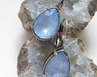 Vintage Swarovski Light Blue Crystal Earrings: Pear Bezels with Antique Silver Leverbacks