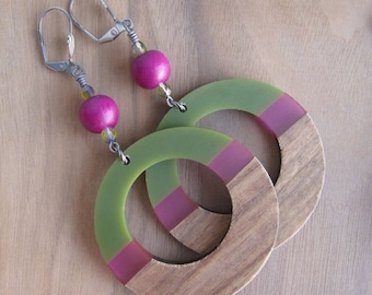 Walnut Hoop Earrings: Magenta & Green Resin, Fire-Polished Crystals