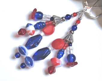 Fireworks Dangle Earrings, Red White Blue Czech Glass, 4th of July