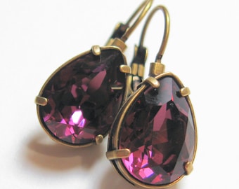 Vintage Swarovski Purple Crystal Earrings: Dark Amethyst with Pear Bezels and Antique Gold Leverbacks