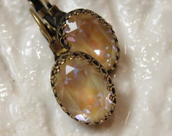 Iridescent Peach Crystal Filigree Earrings: Vintage Swarovski, Antique Gold