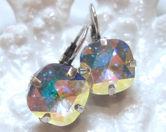 Iridescent Vintage Swarovski Crystal Earrings: Antique Silver Cushion Bezels with Leverbacks