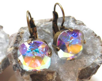 Iridescent Vintage Swarovski Crystal Earrings: Antique Gold Cushion Bezels with Leverbacks