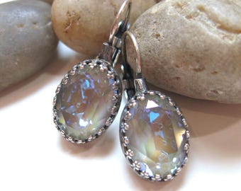 Iridescent Gray Crystal Filigree Earrings: Vintage Swarovski, Antique Silver