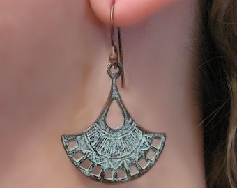 Copper Patina Fan Earrings: Verdigris Boho Dangle Earrings