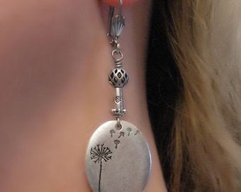 Dark Silver Plated Dandelion Earrings: Stamped Boho Drops