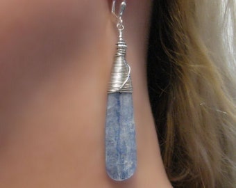 Teardrop Kyanite Earrings: Sterling Silver Wire Wrap, Blue Crystal