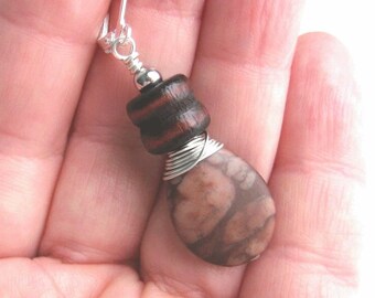 Zebra Stone and Wood Teardrop Earrings: Silver Wire Wrapped Gemstone Jewelry