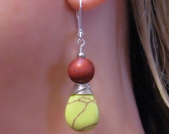 Chartreuse Veined Resin Teardrop Earrings: Burgundy Wood Accent, Silver Wire Wrap