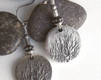 Embossed Branches Earrings: Vintage Silver Round Boho Earrings