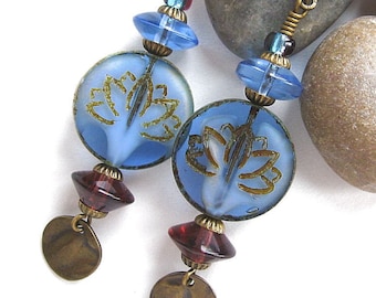 Czech Glass Lotus Earrings: Picasso Blue, Boho Style