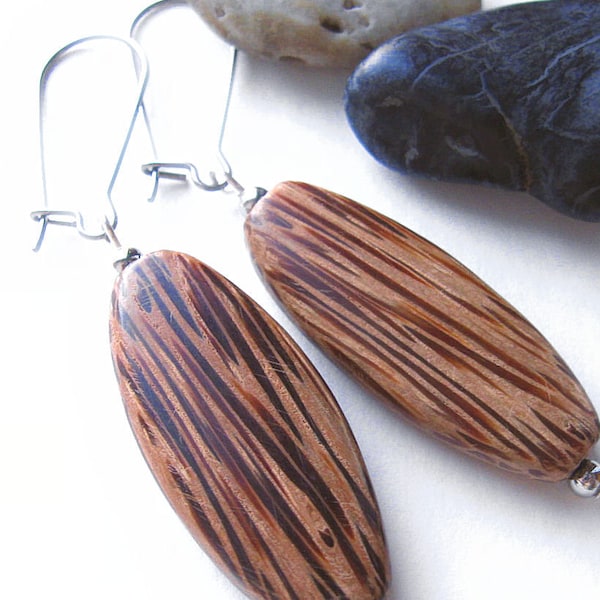 Palm Wood Earrings, Wood Grain Earrings, Long Earrings, Fifth Anniversary, Stainless Steel, Beach Earrings, Coconut Tree, Dark Brown