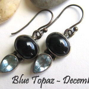 Blue Topaz and Onyx Earrings, December Birthstone, December Birthday Gift, Personalized Gift, Sterling Silver Earrings, Faceted Pear Setting