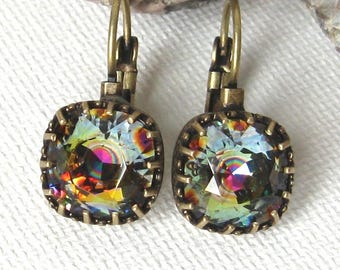 Peacock Eye Vintage Swarovski Crystal Earrings: Antique Gold Filigree Bezels with Leverbacks