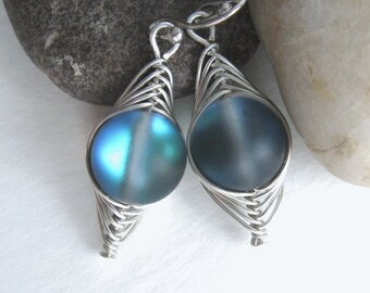 Mermaid Glass Silver Earrings: Aurora Borealis, Herringbone Wire Wrap