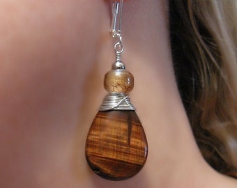 Red Tiger Eye Teardrop Earrings: Silver Wire Wrapped Gemstone
