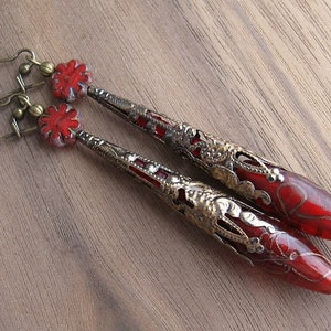 Red Glass Bronze Inlay Filigree Cone Earrings (Filigree Earring, Flower Earrings, Red Earrings, Bronze Earrings, Inlay, Czech Glass Earring)