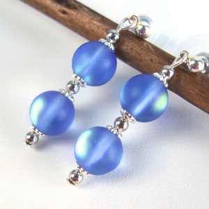 Blue Mermaid Glass Earrings: Silvertones, Aurora Borealis, Iridescent, Moonstone Effect