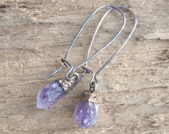 Amethyst Raw Crystal Oxidized Sterling Silver Earrings (Vintage Sterling Silver, February Birthstone, Rough Gemstone, Electro-Coated)