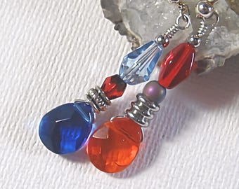 Mismatched Red & Blue Crystal Drop Earrings: Patriotic Jewelry