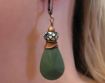 Dark Green Resin Teardrop Earrings: Vintage Copper Wire Wrapped with Czech Glass