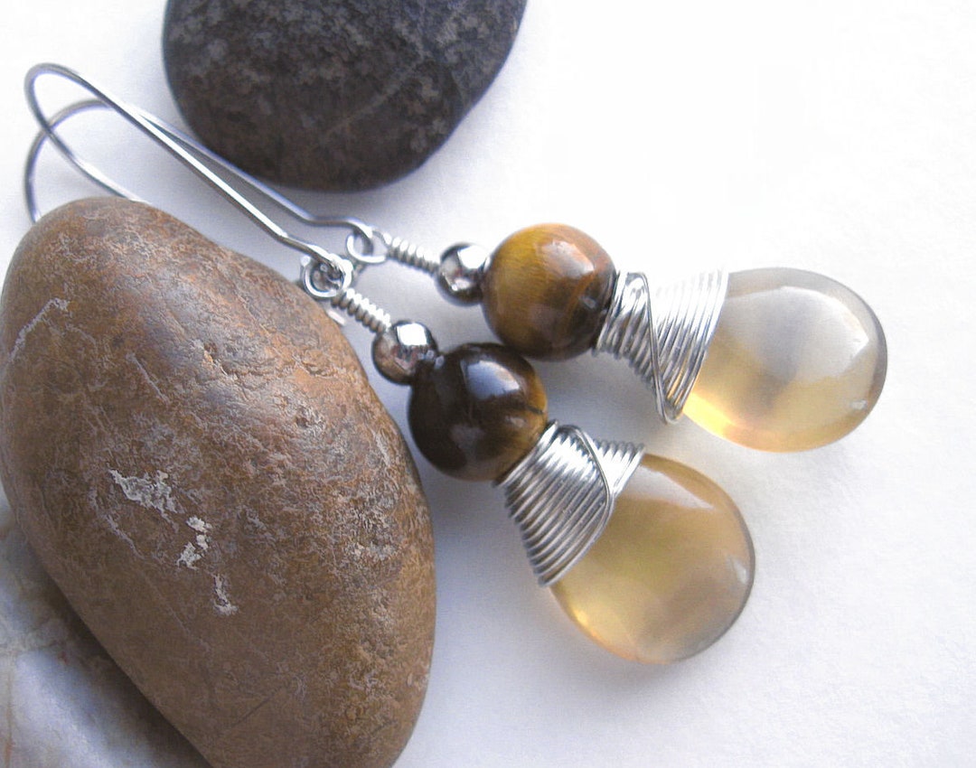 Golden Fluorite Earrings Tiger Eye Earrings Yellow Earrings Etsy