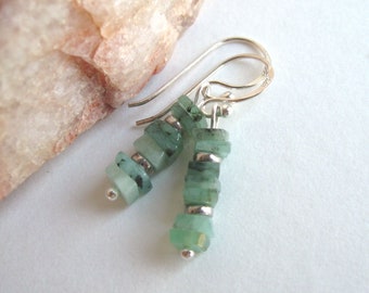 Emerald Sterling Silver Earrings: Square Stacked Emeralds, May Birthstone Gift