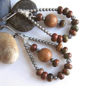 Red Creek Jasper Hoop Earrings: Teardrop Stone & Wood Beads