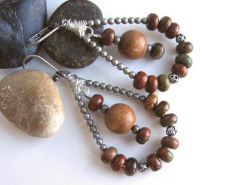 Red Creek Jasper Hoop Earrings: Teardrop Stone & Wood Beads