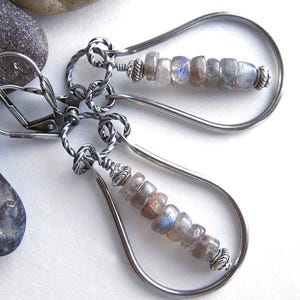 Dark Silver Framed Labradorite Teardrop Earrings: Iridescent Heishi Beads