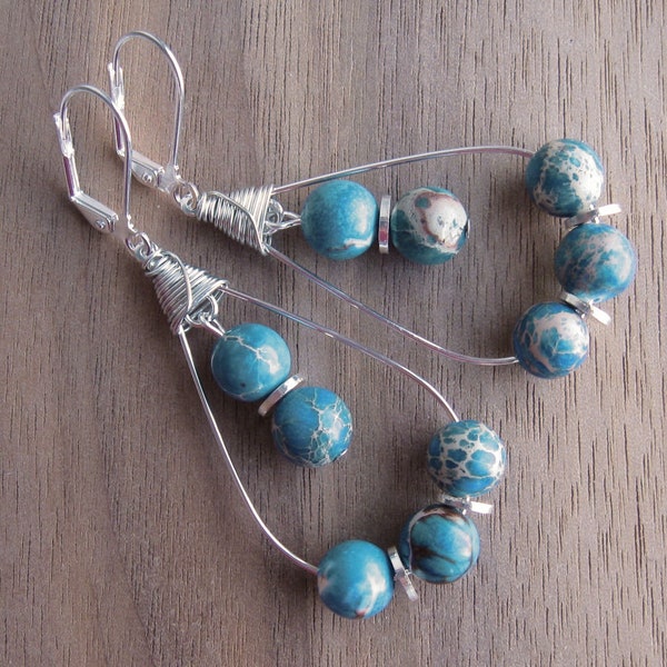 Turquoise Magnesite Veined Earrings, Silver Earrings, Gemstone Earrings, Frame Earrings, Dangle Earring, Wire Wrap Earrings, Beaded Earrings