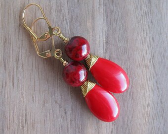 Czech Glass Red Earrings, Wire Wrap Earrings, Teardrop Earrings, Gold Earrings, Glass Earrings, Lipstick Red Earrings, Marbled Glass