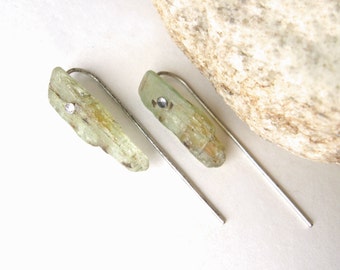 Raw Kyanite Crystal Long Post Earrings: Green Gemstone Jewelry