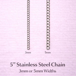 May include: Two stainless steel chains, 3mm and 5mm wide, are displayed vertically against a pink background. The text reads "5" Stainless Steel Chain" with options for single, 5-pack, or 10-pack.