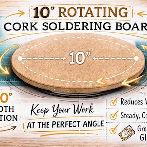 May include: A 10-inch rotating cork soldering board. The board is round and made of cork, with the text "10" on it. The board rotates 360 degrees and is designed to reduce wrist strain and provide steady, comfortable work. Great for stained glass and crafts.