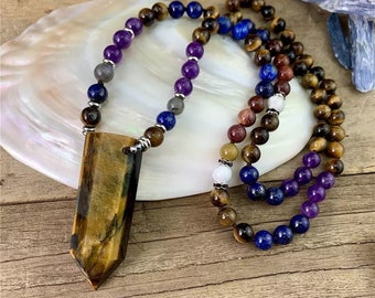 Tigers Eye Beaded Crystal Necklace / Colorful Beads Crystal Pendant / Yoga Mala Locket Jewelry / Spiritual Gemstone Energy Healing Gifts