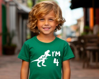 Roar I'm 4 birthday Party Shirt With Name and Age on Back! Perfect for dinosaur loving kid of any age, personalization included!