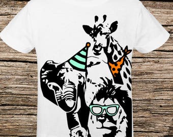 Birthday Zoo Party Shirt Outfit Perfect for zoo birthday, lion, giraffe, and elephant wearing party hats glasses and bandanas personalize